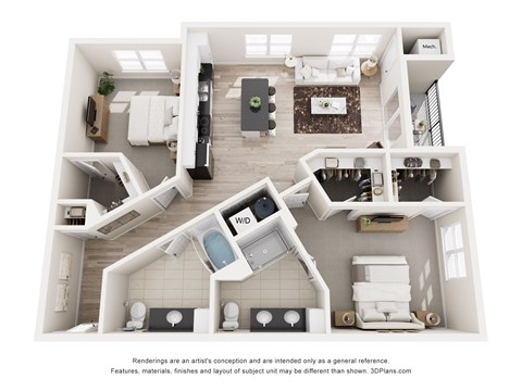 Floor plan for 2 beds, 2 baths, 1194 sqft